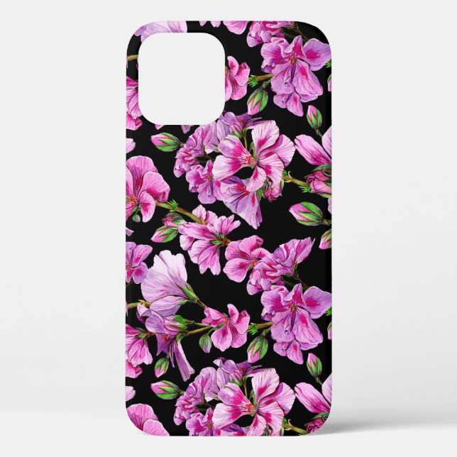 Coques Case-Mate iPhone Branches de géranium, bourgeons roses aquarelles. (Verso)