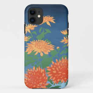 Coque Case-Mate iPhone Bright Orange Chrysanthèmes sur Deep Blue