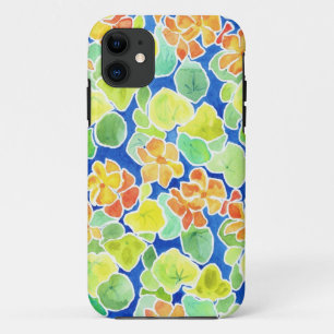 Coque iPhone 11 Bright Orange Nasturtiums sur Blue Arrière - plan