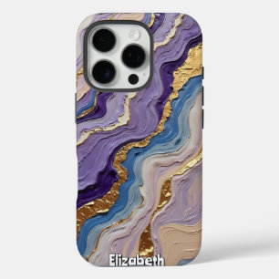 Coque iPhone 16 Pro Brindilles de marbre pourpre et bleu avec or