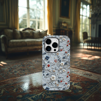 Coque Case-Mate iPhone Broderie florale personnalisée bleue et rouge avec