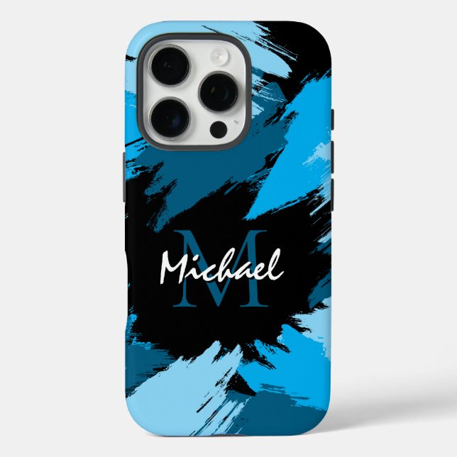 Coques Case-Mate iPhone Brosse nuances de nom bleu avec monogramme (Verso)
