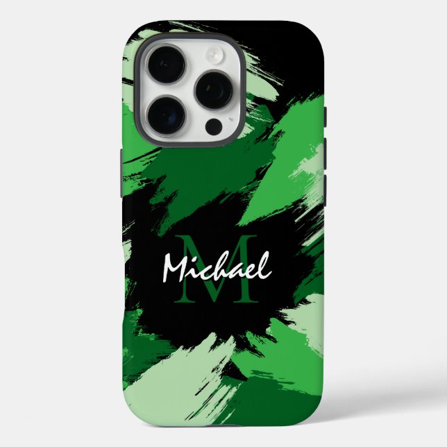 Coques Case-Mate iPhone Brosse nuances de nom vert avec monogramme (Verso)