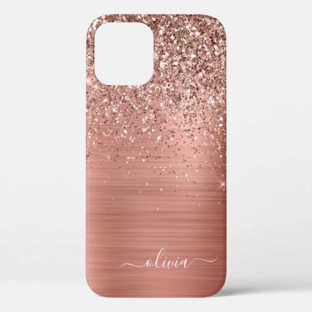 Coques Case-Mate iPhone Brushed metal rose Gold Pink Glitter Monogram (Verso)