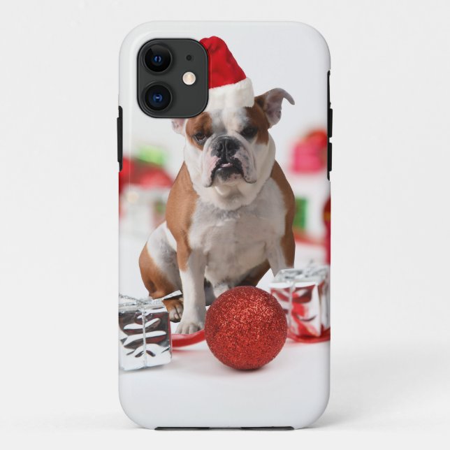 Coques Case-Mate iPhone Bulldog boîte cadeau de Noël Ornements Red Santa C (Dos)