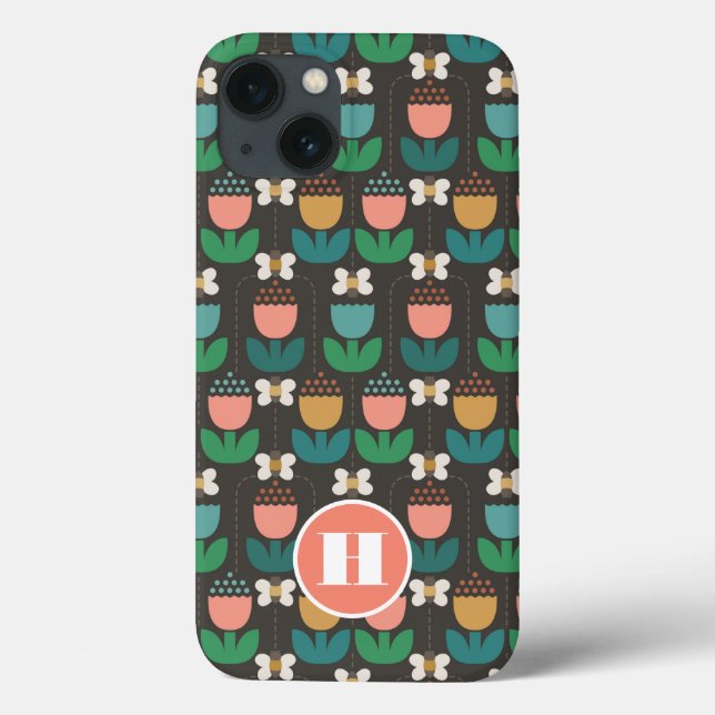 Coques Case-Mate iPhone Bumble Bee & Tulips Rose & Noir Monogramme initial (Verso)