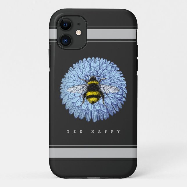 Coques Case-Mate iPhone Bumblebebe mignonne sur Blue Flower Nature Noir (Dos)
