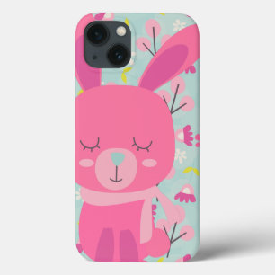 iPhone 13 Coque Bunnies et fleurs roses