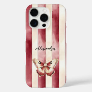 Coque iPhone 16 Pro Burgundy Crème rayures Papillon