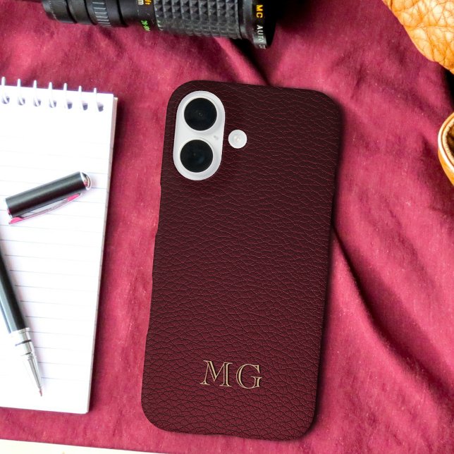 Coques Case-Mate iPhone Burgundy Faux Leather and Gold Monogram Initials (Créateur téléchargé)