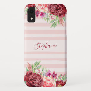 Case-Mate iPhone Case Burgundy Flore Bleu Rayures Aquarelle Monogramme