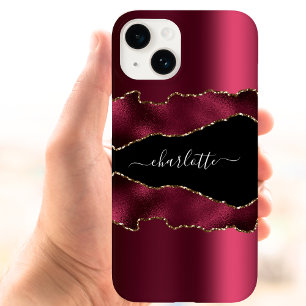 Coque Case-Mate iPhone Burgundy noir or agate marbre nom script