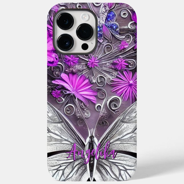 Coques Case-Mate iPhone Butterfly florale mauve et argent tendance personn (Verso)