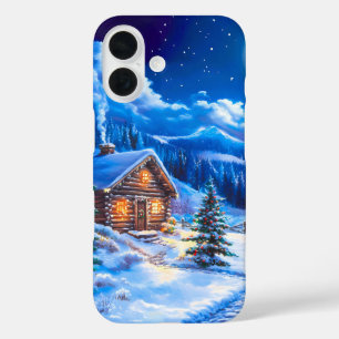 Coque Pour iPhone 16 Cabane de Noël sous la lune hivernale enneigée