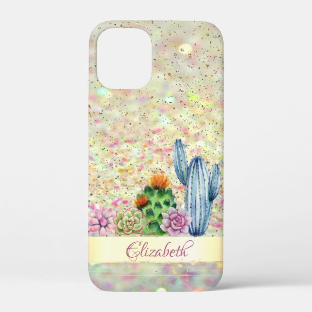 Coques Case-Mate iPhone Cactus à l'aquarelle, Succulent Bokeh pailleté  (Verso)