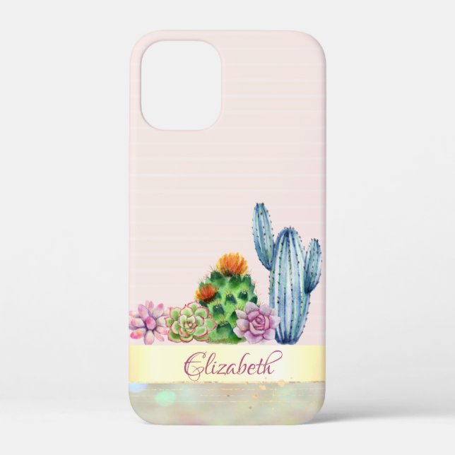 Coques Case-Mate iPhone Cactus à l'aquarelle,Succulente à rayures roses (Verso)