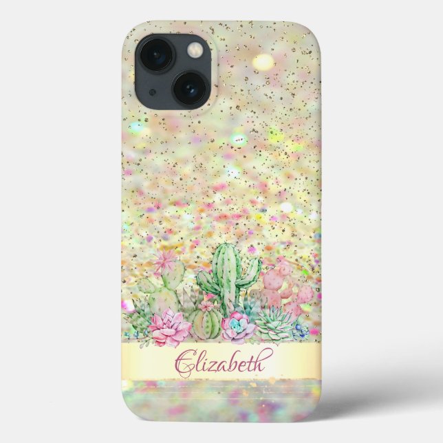 Coques Case-Mate iPhone Cactus à l'aquarelle, Succulente Bokeh pailleté (Verso)