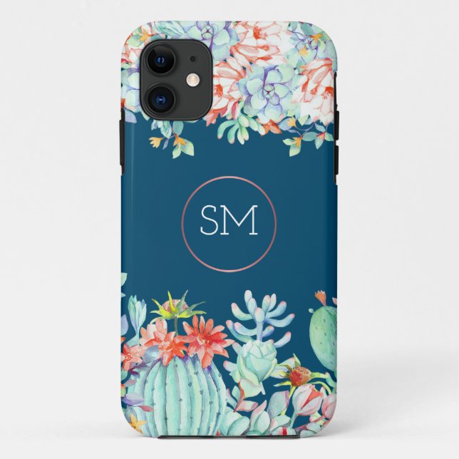 Coques Case-Mate iPhone Cactus Monogramme Succulent Océan Blue Monogramme (Dos)