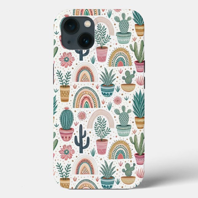 Coques Case-Mate iPhone Cactus Pot with Plants, Flowers and Rainbows (Verso)