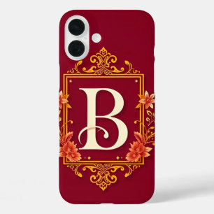 Coque Pour iPhone 16 Plus Cadre de monogramme rouge élégant avec embellissem