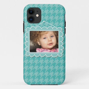 Coque iPhone 11 Cadre de tableau mignon avec le pied-de-poule bleu