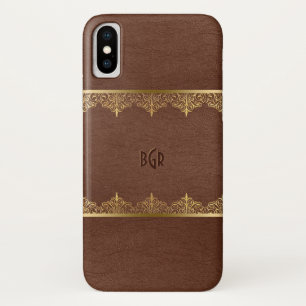 Coque iPhone X Cadre en cuir Brown et en dentelle or