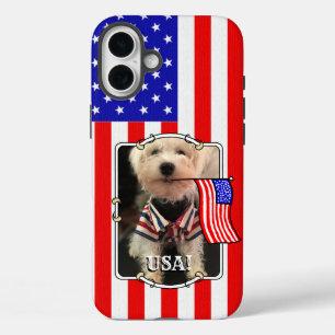 Coque Pour iPhone 16 Plus Cadre photo personnalisé USA American Flag Patriot