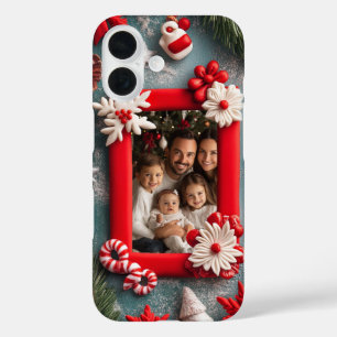 Coque Pour iPhone 16 Cadre rouge personnalisable pour photo de Noël
