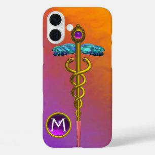 Coque Pour iPhone 16 Plus CADUCÉE MÉDICAL SYMBOLE OR Monogramme Bijou Violet