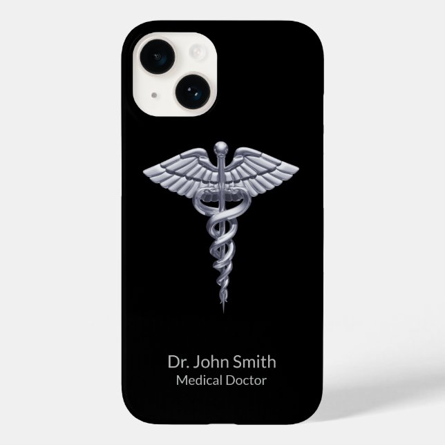 Coques Case-Mate iPhone Caduceus Silver sur Black Classy Médicale (Verso)