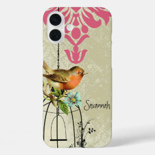 Coques iPhone 16 Plus Cage à oiseaux Damask Oiseau d'amour vintage