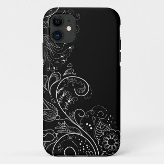 Coque iPhone 11 Caisse florale lunatique noire et blanche de