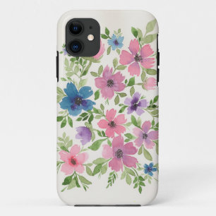 Coque iPhone 11 Caisse florale pourpre et bleue de téléphone de