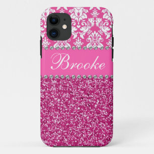 Coque iPhone 11 Caisse rose et blanche de fausse pierre de damass