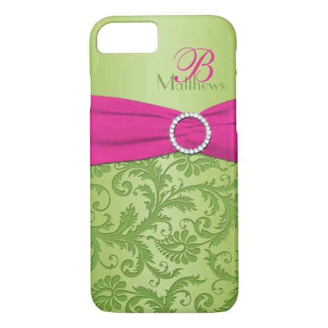 Coques Case-Mate iPhone Caisse rose et verte de monogramme de damassé de (Dos)