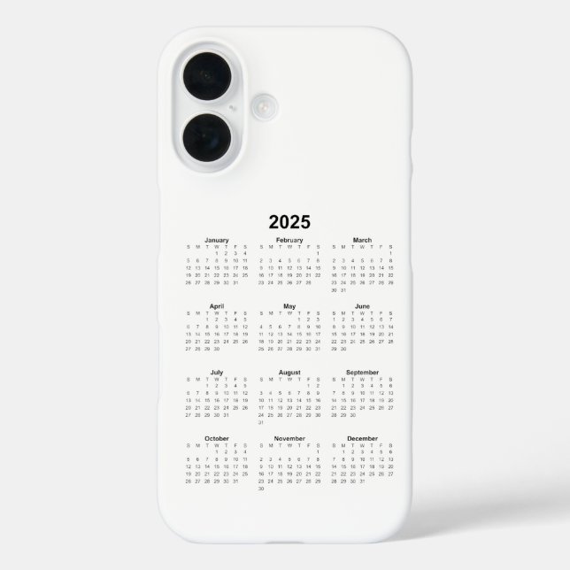 Coques Case-Mate iPhone Calendrier mensuel 2025 noir sur blanc (Verso)