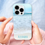 Coque iPhone 16 Pro California Ocean Beach Waves Photo Nom du monogram<br><div class="desc">Détendez-vous en regardant les vagues entrer et sortir. Respire, explorer, et profiter de la solitude d'une plage de Californie vide avec cette étonnante photographie bleu pastel et blanc de la mousse océanique personnalisées boîtier de téléphone portable nom. Fait un grand cadeau pour quelqu'un spécial! Il suffit de taper le nom...</div>
