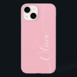 Coque Case-Mate iPhone Calligraphie élégante rose blanc Nom du script<br><div class="desc">Pink White Elegant Calligraphy Script Personnalisé Nom iPhone 14 Smart Phone Boîtes dispose d'un design moderne et tendance simple et élégant avec votre nom personnalisé dans élégante calligraphie manuscrite typographie de script sur un arrière - plan rose doux. Conçu par ©Evco Studio www.zazzle.com/store/evcostudio</div>