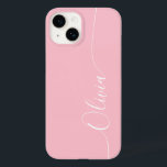 Coque Case-Mate iPhone Calligraphie élégante rose blanc Nom du script<br><div class="desc">Pink White Elegant Calligraphy Script Personnalisé Nom iPhone 14 Smart Phone Boîtes dispose d'un design moderne et tendance simple et élégant avec votre nom personnalisé dans élégante calligraphie manuscrite typographie de script sur un arrière - plan rose doux. Conçu par ©Evco Studio www.zazzle.com/store/evcostudio</div>