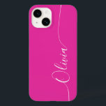 Coque Case-Mate iPhone Calligraphie élégante rose blanc Nom du script<br><div class="desc">Pink White Elegant Calligraphy Script Personnalisé Nom iPhone 14 Smart Phone Boîtes dispose d'un design moderne et tendance simple et élégant avec votre nom personnalisé dans élégante calligraphie manuscrite typographie de script sur un arrière - plan rose doux. Conçu par ©Evco Studio www.zazzle.com/store/evcostudio</div>