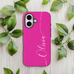 Coque Case-Mate iPhone Calligraphie élégante rose blanc Nom du script<br><div class="desc">Pink White Elegant Calligraphy Script Personnalisé Nom iPhone 14 Smart Phone Boîtes dispose d'un design moderne et tendance simple et élégant avec votre nom personnalisé dans élégante calligraphie manuscrite typographie de script sur un arrière - plan rose doux. Conçu par ©Evco Studio www.zazzle.com/store/evcostudio</div>