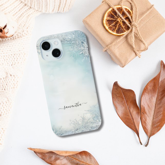 Coques Case-Mate iPhone Calligraphie Monogramme Flocon de Neige Bleu Blanc (Monogrammed Blue white watercolor snowflake iPhone case)