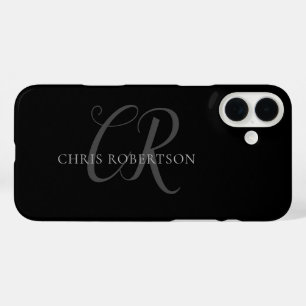 Coque Pour iPhone 16 Plus Calligraphie Monogramme Nom Black Grey Cadeau pers