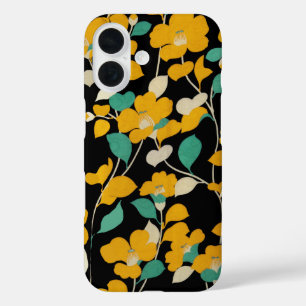 COQUE POUR iPhone 16 CAMELLIAS JAUNES, FEUILLES BLANCS VERTS NOIR