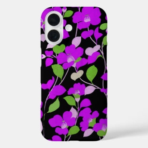 Coque Pour iPhone 16 CAMELLIAS PURPLE, FEUILLES VERT BLANC NOIR Floral 