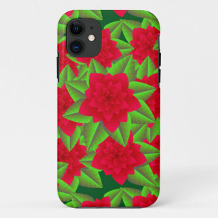 Coque iPhone 11 Camellias rouge foncé et Feuilles verts