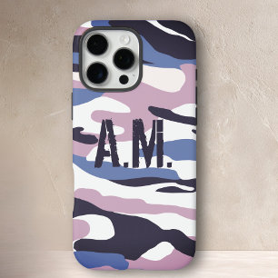 Coque iPhone 16 Pro Max Camouflage armée Monogramme bleu rose