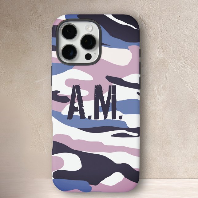 Coques Case-Mate iPhone Camouflage armée Monogramme bleu rose (Camouflage Army Monogram Blue Pink Case-Mate iPhone Case)