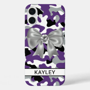 Coque Pour iPhone 16 Plus Camouflage Violet Noir Personnalisé Brillante