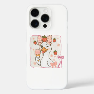Coque iPhone 16 Pro Canard Kawaii avec crème glacée fraise